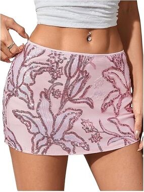 Pink Sequin Floral Mini Skirt - Women